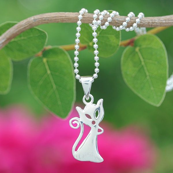 Alternate image for Cat-Shaped Sterling Silver Pendant Necklace from Thailand Cat Appeal