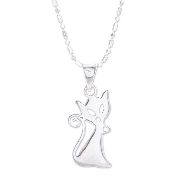 Alternate image for Cat-Shaped Sterling Silver Pendant Necklace from Thailand Cat Appeal