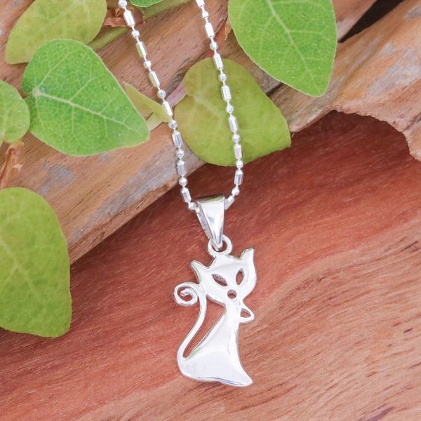 Alternate image for Cat-Shaped Sterling Silver Pendant Necklace from Thailand Cat Appeal