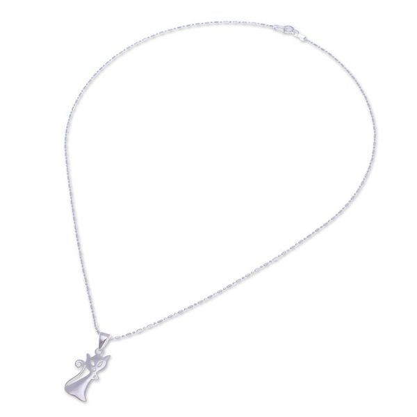 Alternate image for Cat-Shaped Sterling Silver Pendant Necklace from Thailand Cat Appeal