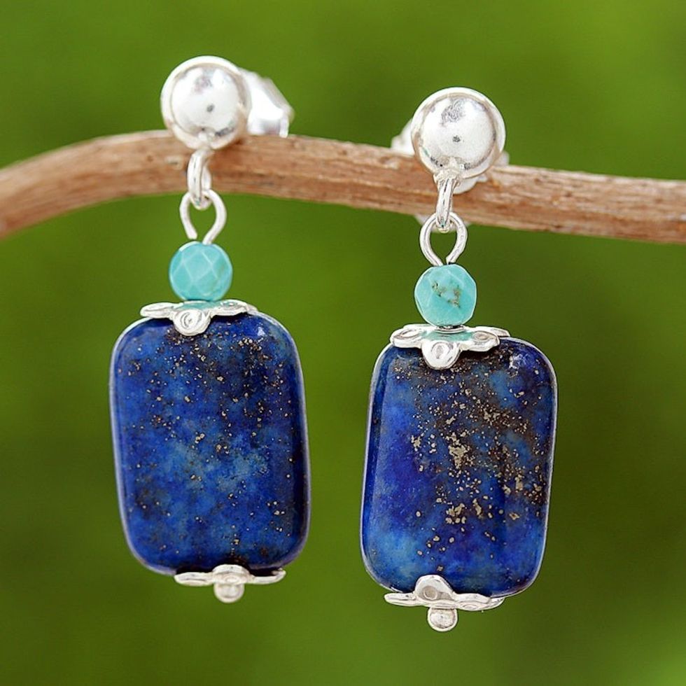 Lapis Lazuli and Howlite Dangle Earrings from Thailand 'Tranquil Blueberry'
