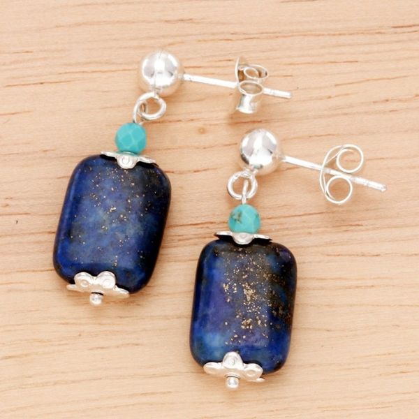 Alternate image for Lapis Lazuli and Howlite Dangle Earrings from Thailand Tranquil Blueberry