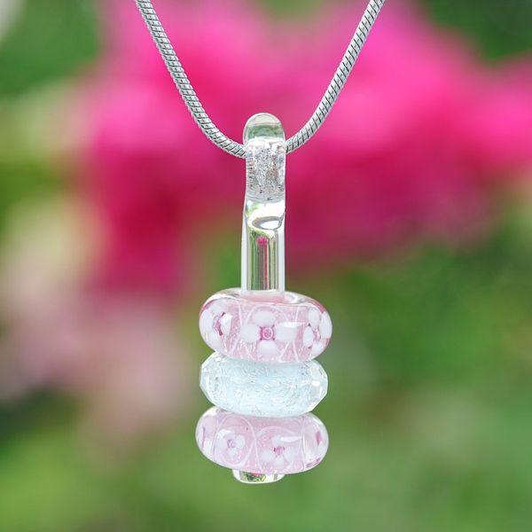 Alternate image for Floral Pink and White Glass Beaded Pendant Necklace Kind Amulets