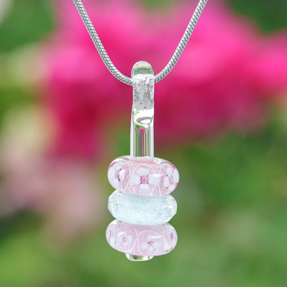 Floral Pink and White Glass Beaded Pendant Necklace 'Kind Amulets'