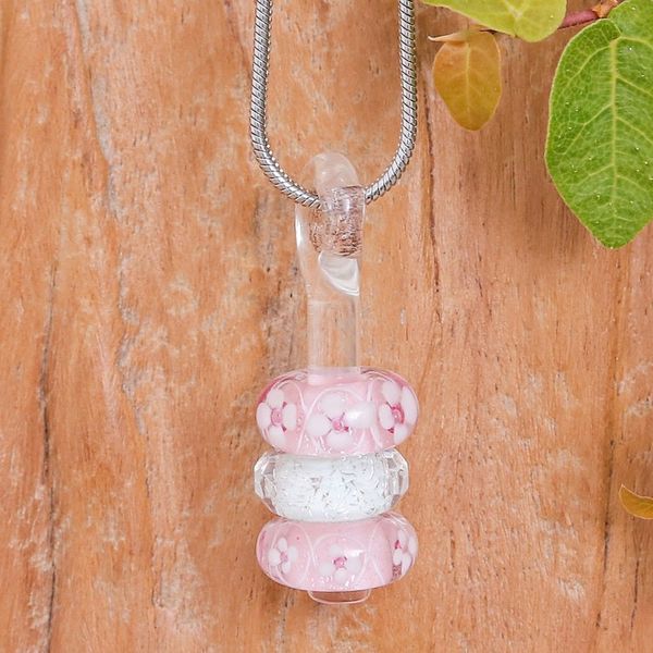 Alternate image for Floral Pink and White Glass Beaded Pendant Necklace Kind Amulets
