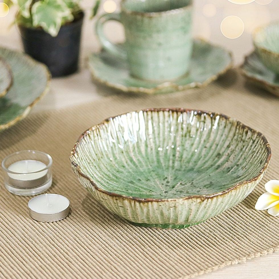 Lotus-Inspired Speckled Green Celadon Ceramic Bowl 'Lotus Table'