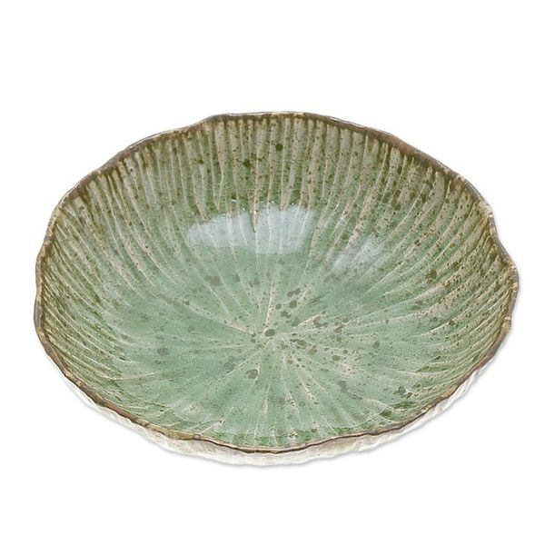 Alternate image for Lotus-Inspired Speckled Green Celadon Ceramic Bowl Lotus Table
