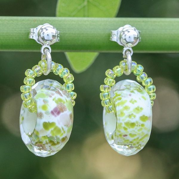 Alternate image for Thai-Made Abstract-Patterned Green Glass Dangle Earrings Evergreen Soul