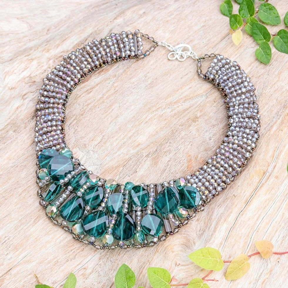 Steel and Glass Beaded Choker Necklace in Turquoise Hues 'Bewitched Night'
