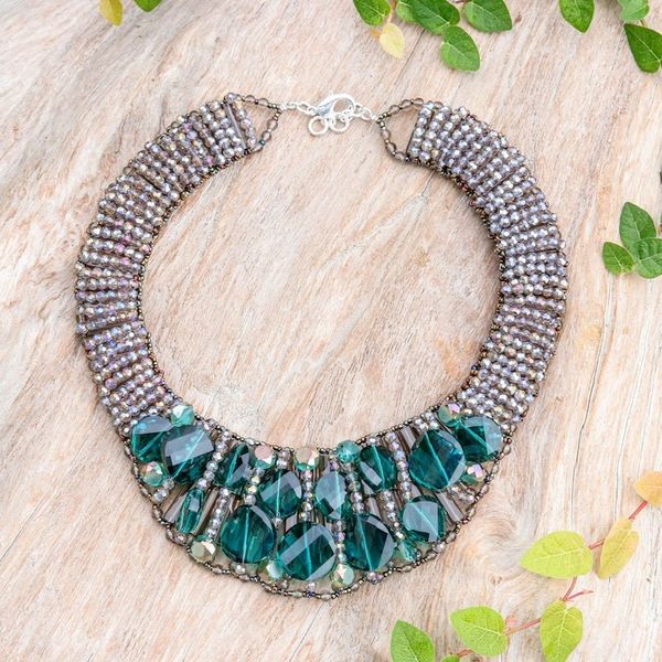 Alternate image for Steel and Glass Beaded Choker Necklace in Turquoise Hues Bewitched Night