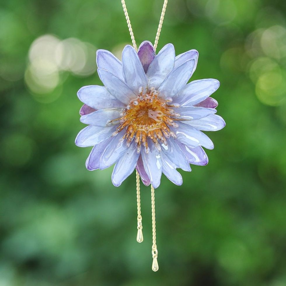Gold-Accented Resin-Coated Purple Water Lily Lariat Necklace 'Chic Purple Water Lily'