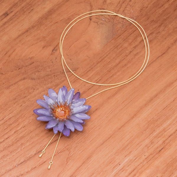 Alternate image for Gold-Accented Resin-Coated Purple Water Lily Lariat Necklace Chic Purple Water Lily