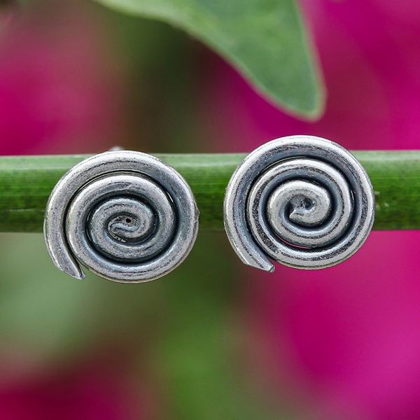 Alternate image for Spiral-Themed Oxidized Polished Silver Stud Earrings Stylish Spirals