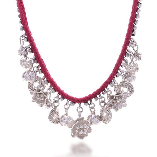 Image for Silver Choker Charm Necklace with Red Cord from Thailand Precious Shine