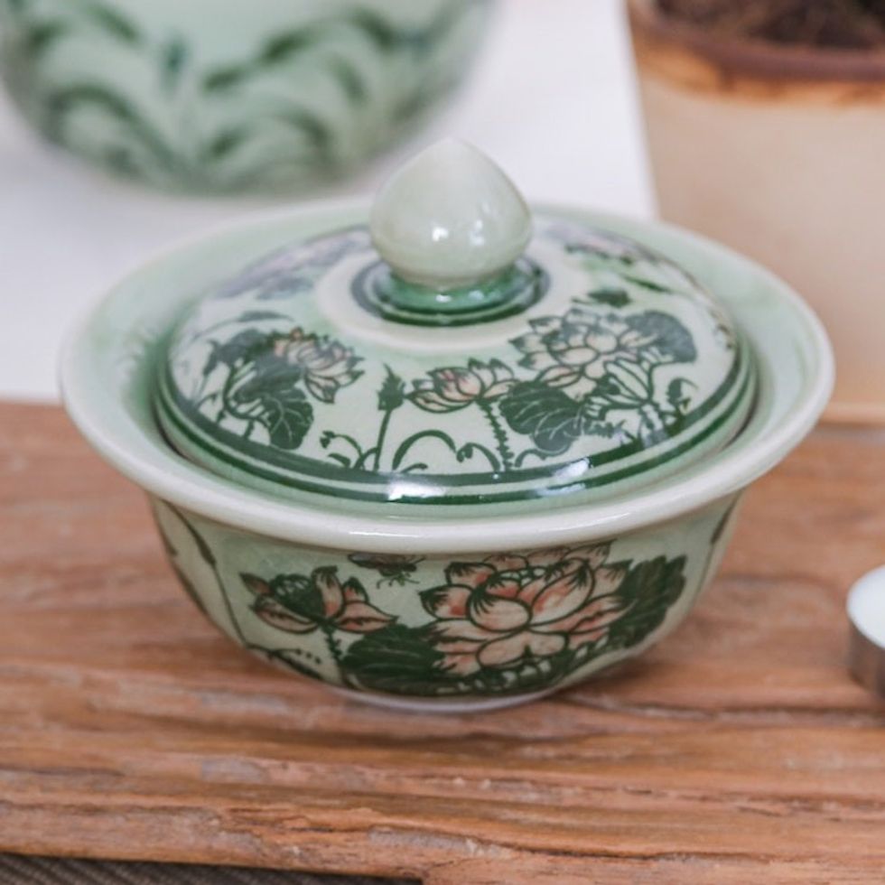 Thai Lotus Flower-Themed Celadon Ceramic Jar in Green 'Thai Lotus in Green'