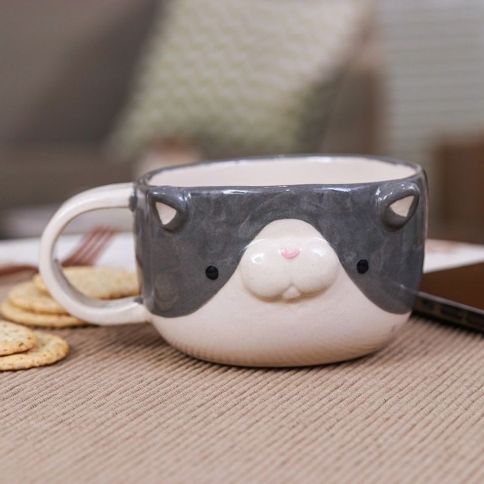Whimsical 6 oz Ceramic Grey Cat Cup with a Glossy Finish 'Feline Elixir'