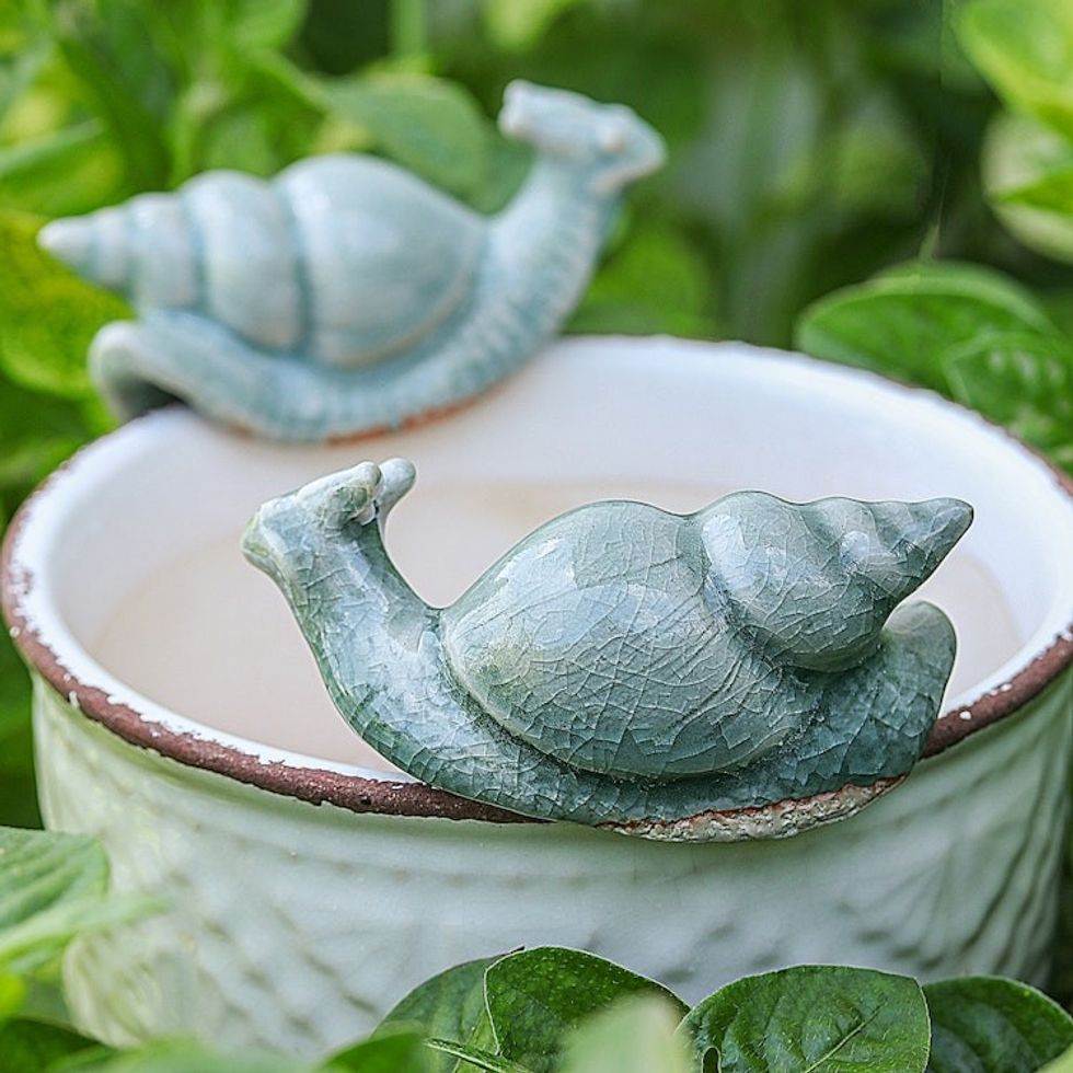 Pair of Crackled Celadon Ceramic Snail Figurines in Blue 'Tranquil Shells'