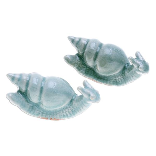 Alternate image for Pair of Crackled Celadon Ceramic Snail Figurines in Blue Tranquil Shells