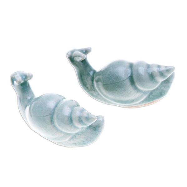 Alternate image for Pair of Crackled Celadon Ceramic Snail Figurines in Blue Tranquil Shells