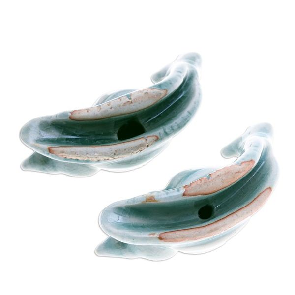 Alternate image for Pair of Crackled Celadon Ceramic Snail Figurines in Blue Tranquil Shells