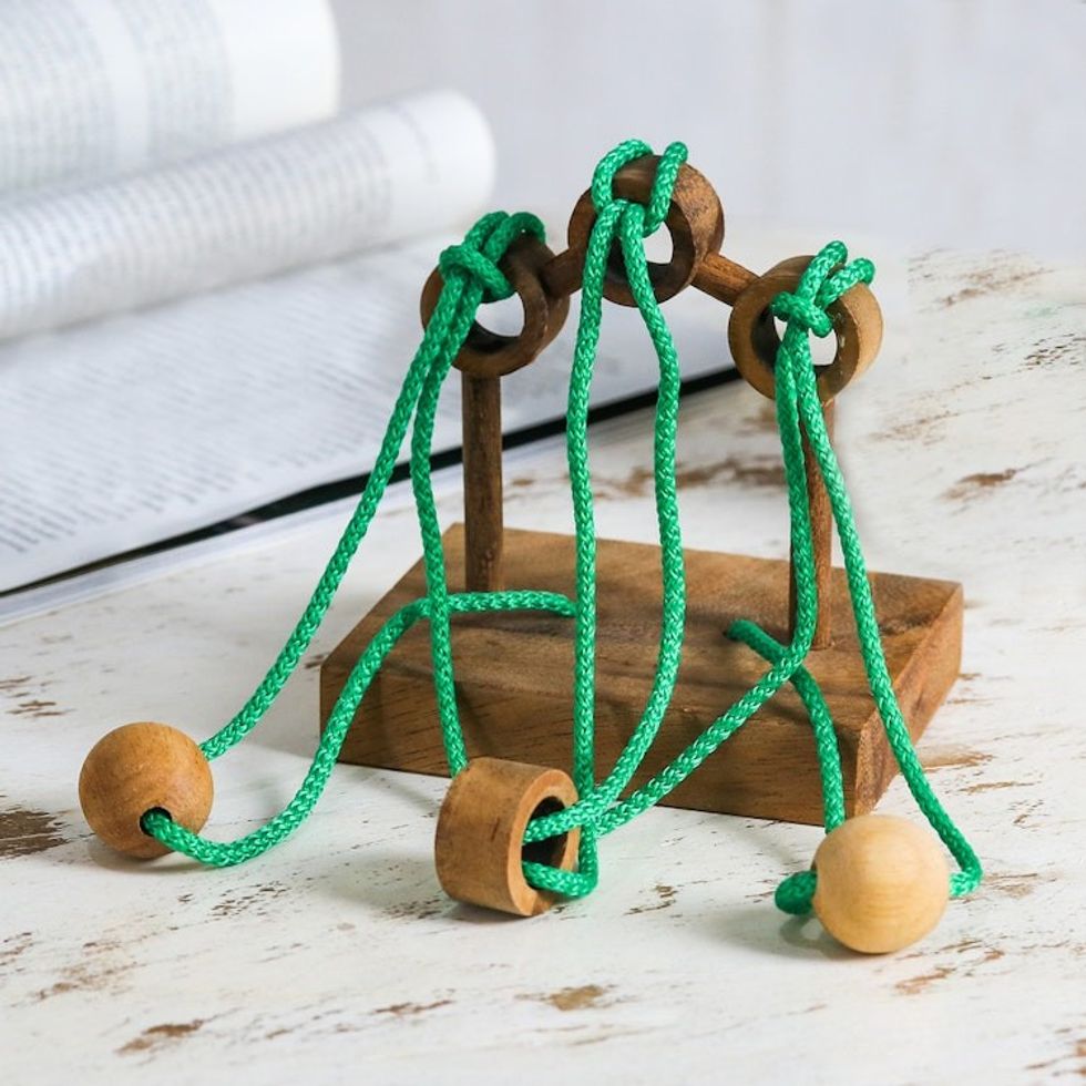 Handcrafted Wood and Green Nylon Disentanglement Puzzle Game 'Tied Bridge'