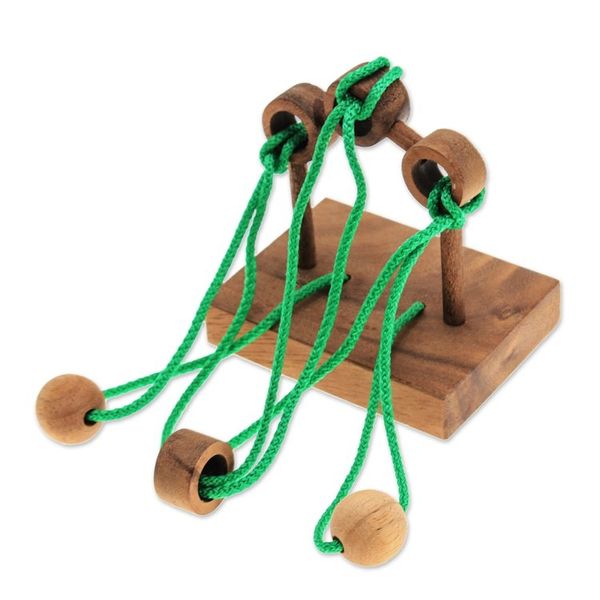 Alternate image for Handcrafted Wood and Green Nylon Disentanglement Puzzle Game Tied Bridge