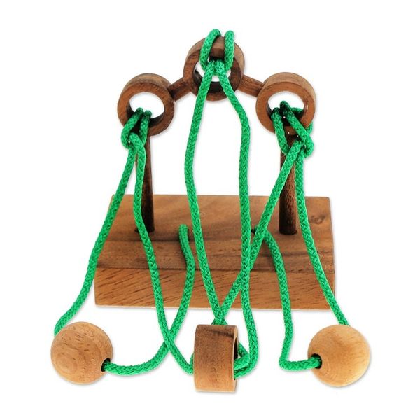 Alternate image for Handcrafted Wood and Green Nylon Disentanglement Puzzle Game Tied Bridge
