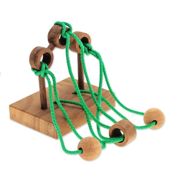 Alternate image for Handcrafted Wood and Green Nylon Disentanglement Puzzle Game Tied Bridge