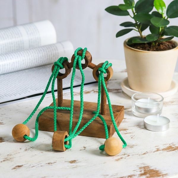 Alternate image for Handcrafted Wood and Green Nylon Disentanglement Puzzle Game Tied Bridge