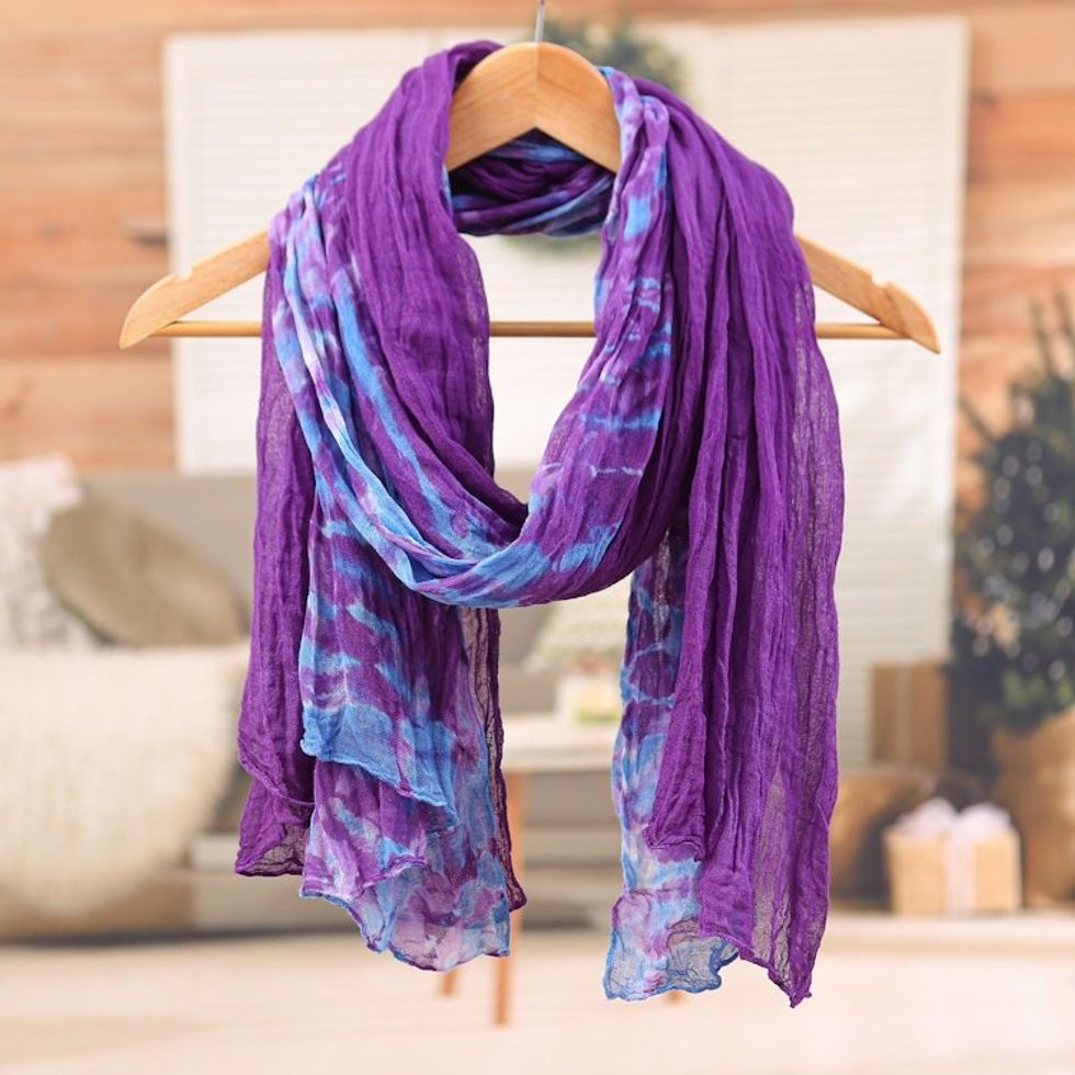 2 Tie-Dyed Handwoven Batik Cotton Scarves in Purple and Blue 'Mangosteen Colors'