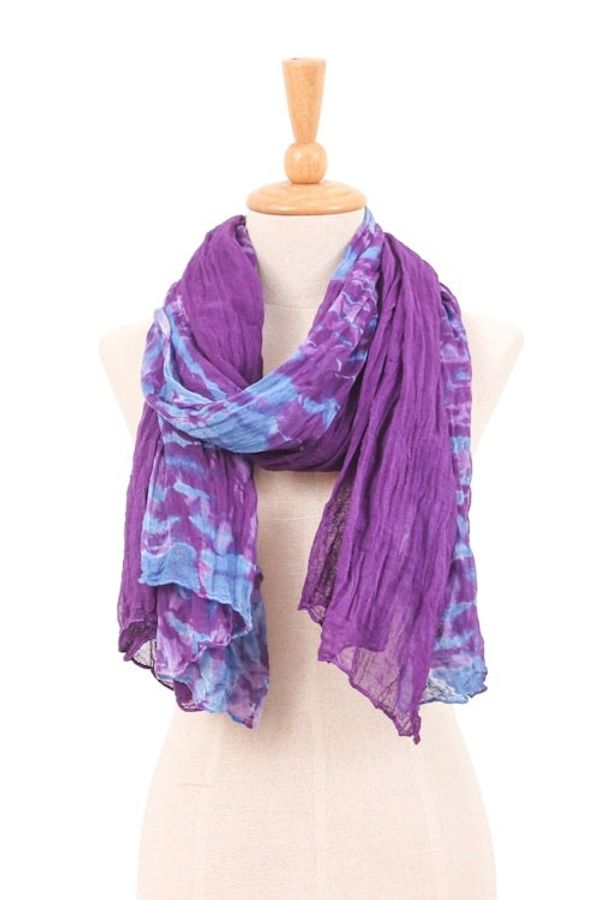 Alternate image for 2 Tie-Dyed Handwoven Batik Cotton Scarves in Purple and Blue Mangosteen Colors