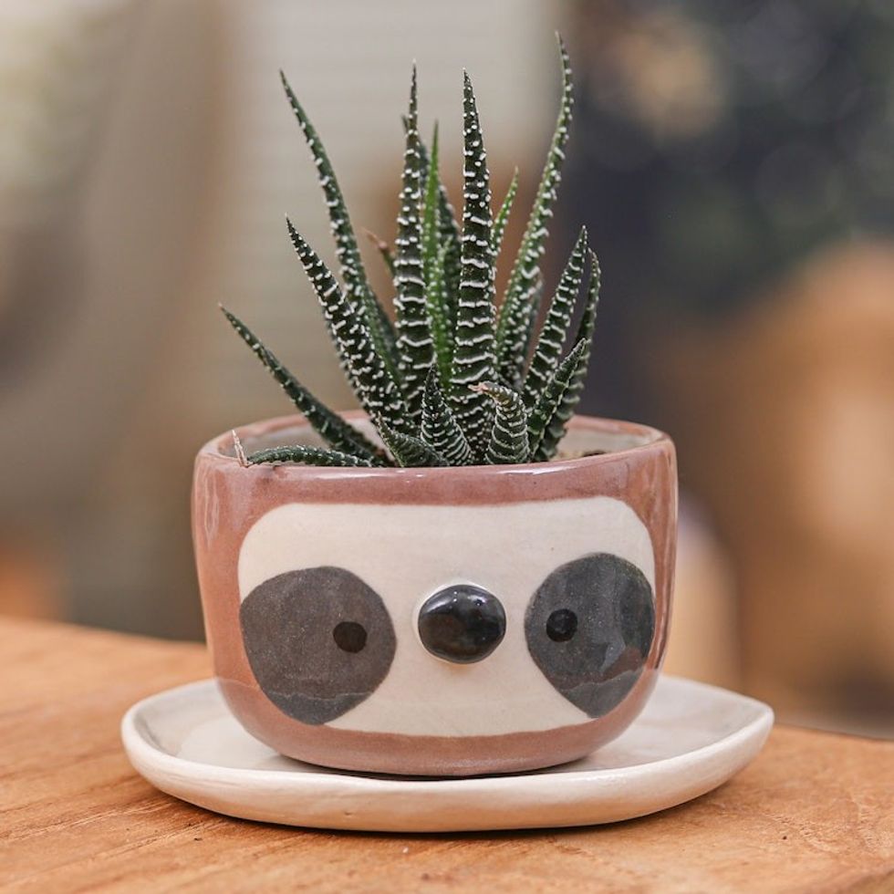 Glazed Handmade Sloth-Themed Ceramic Mini Flower Pot Small 'Sloth Spring'