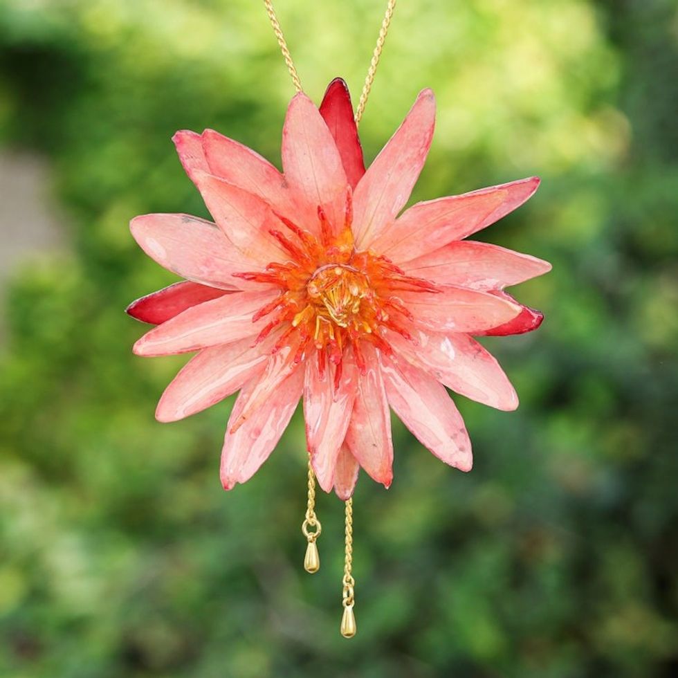 Adjustable 22k Gold-Accented Red Water Lily Lariat Necklace 'Chic Red Water Lily'