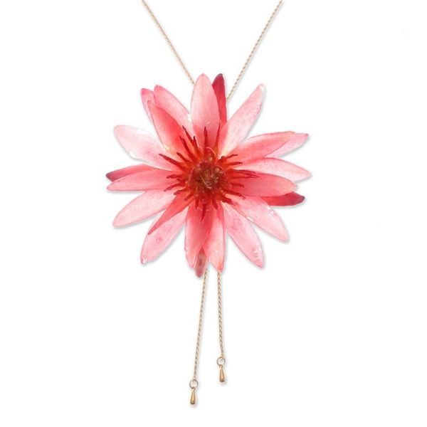 Alternate image for Adjustable 22k Gold-Accented Red Water Lily Lariat Necklace Chic Red Water Lily