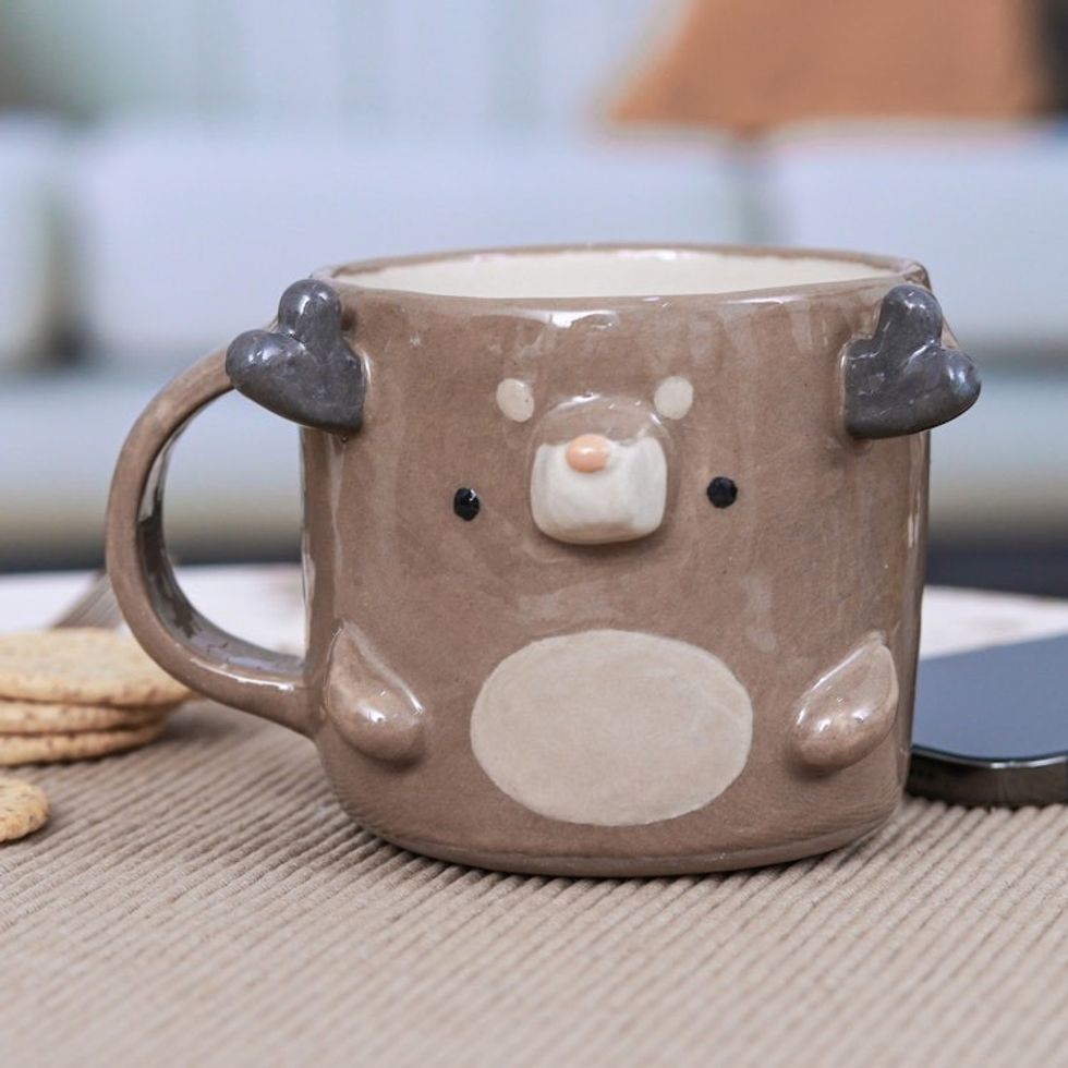 Fair Trade Glossy-Finished 9 oz Brown Ceramic Deer Mug 'Deer Morning'