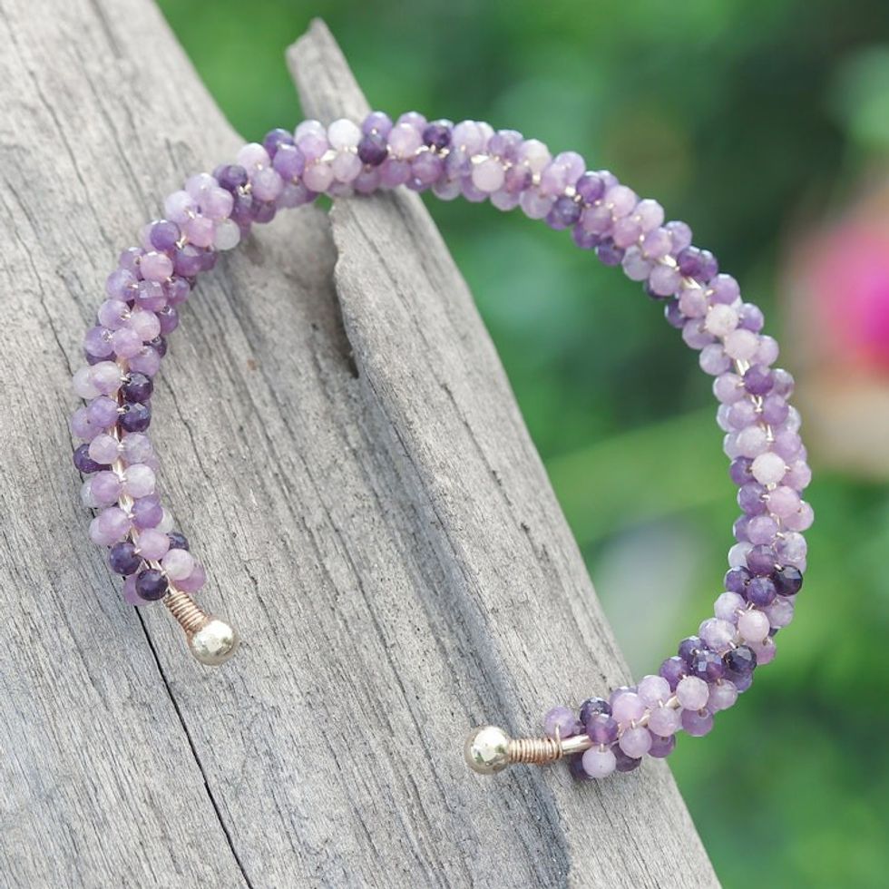 Amethyst Brass and Copper Wire Beaded Cuff Bracelet 'Remarkable Beauty'