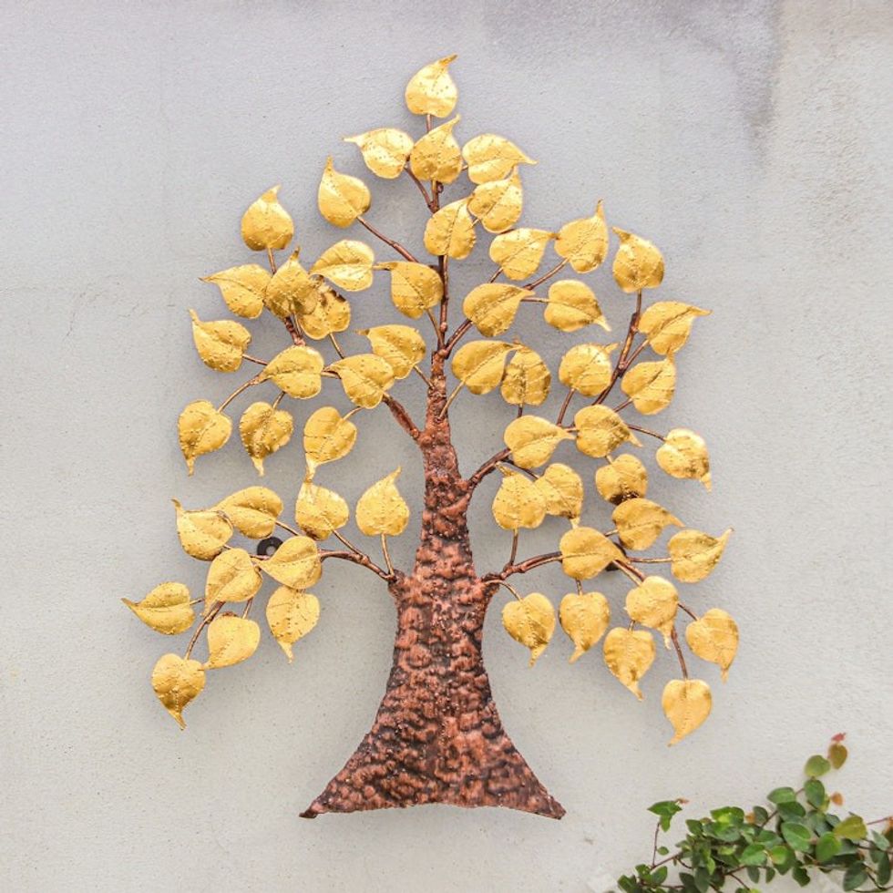 Inspirational Handmade Gold Foil and Steel Tree Wall Art 'Wisest Nature'