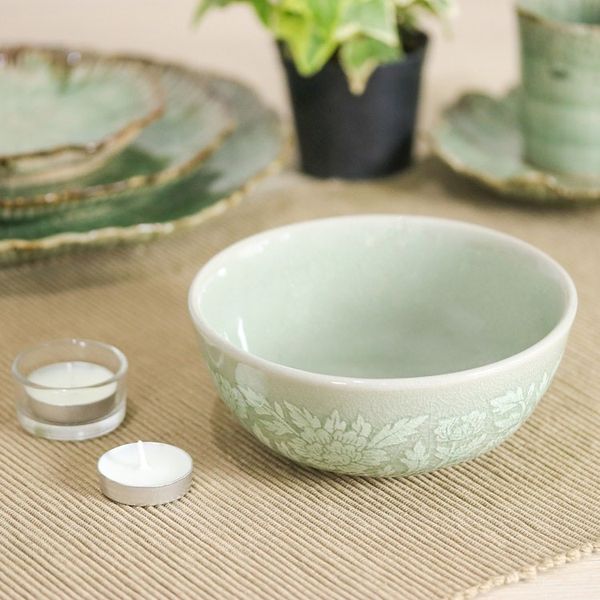Alternate image for Leafy and Floral Green Ceramic Bowl with Crackled Finish Wealthy Peony