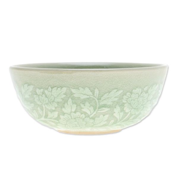 Alternate image for Leafy and Floral Green Ceramic Bowl with Crackled Finish Wealthy Peony