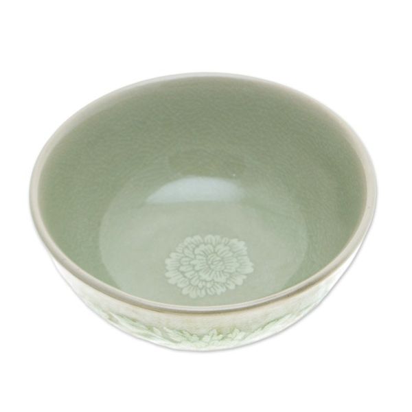 Alternate image for Leafy and Floral Green Ceramic Bowl with Crackled Finish Wealthy Peony