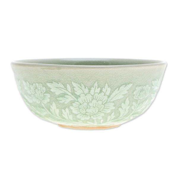 Alternate image for Leafy and Floral Green Ceramic Bowl with Crackled Finish Wealthy Peony