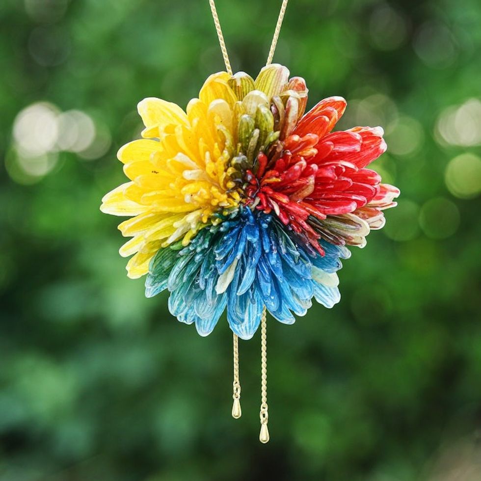 Multicolor Chrysanthemum Lariat Necklace with Gold Plating 'Happy Colors'