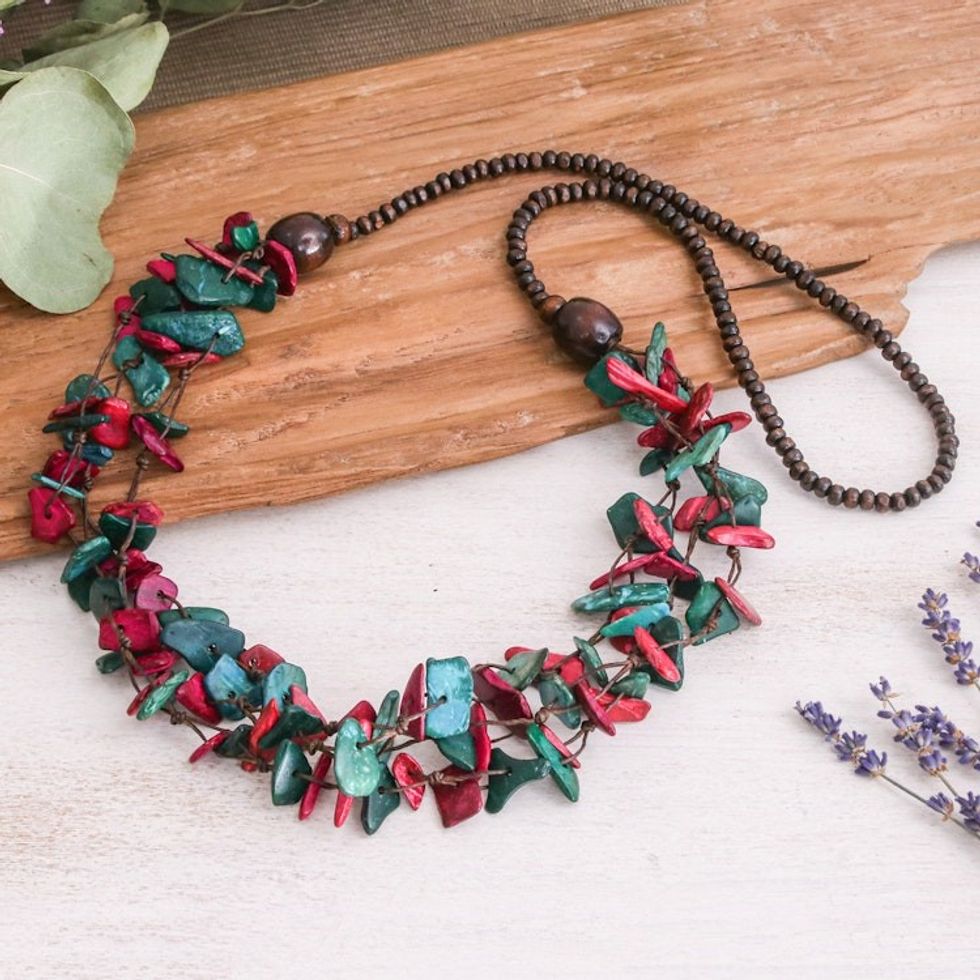 Painted Turquoise and Fuchsia Beaded Three-Strand Necklace 'Fragments of Fantasy'