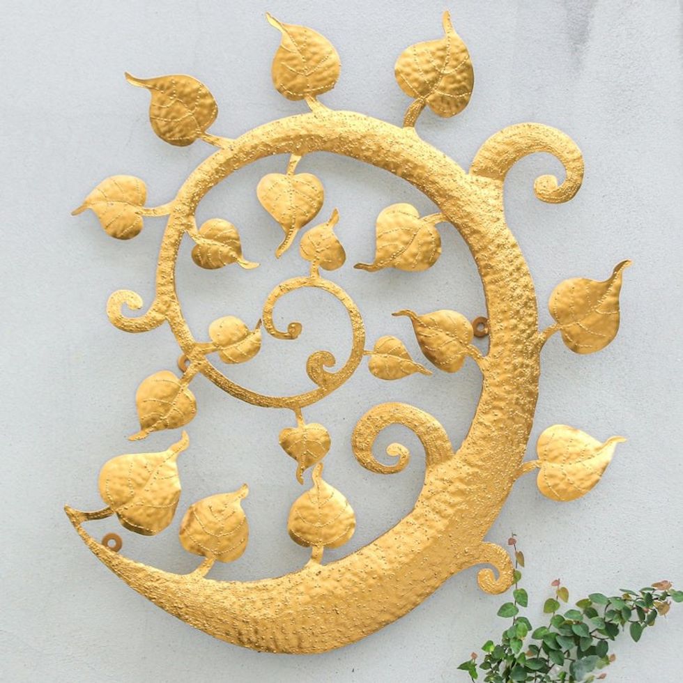 Inspirational Handmade Leafy Gold Foil and Iron Wall Art 'Bodhi Nature'