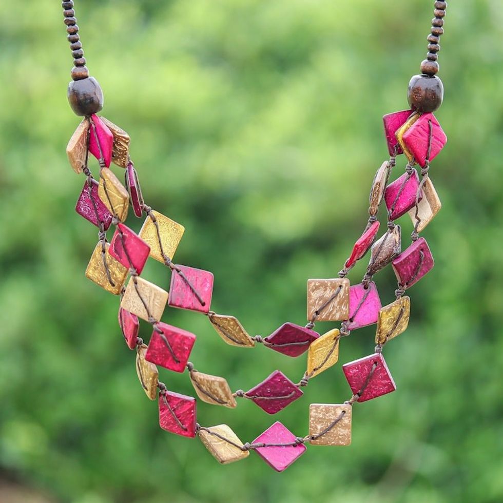 Pink and Golden Coconut Shell Beaded Strand Necklace 'Tender Diamonds'