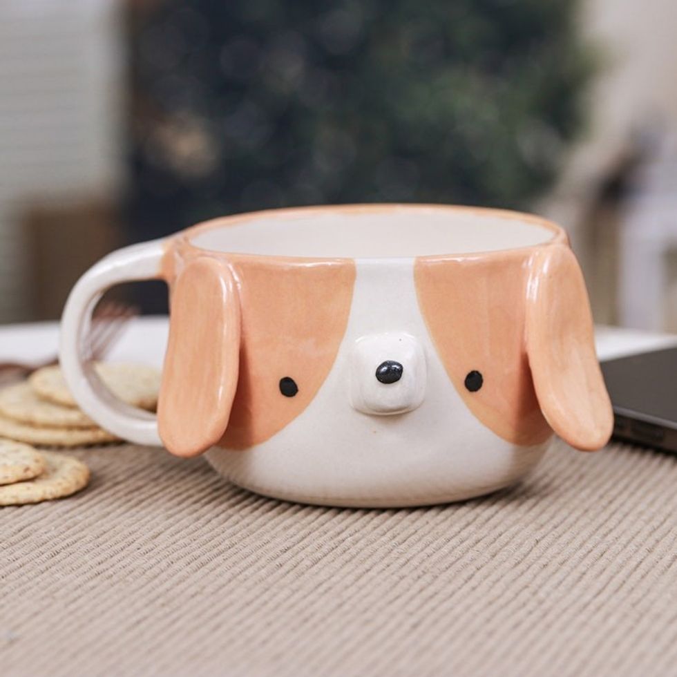Whimsical 6 oz Ceramic Beagle Dog Cup with a Glossy Finish 'Beagle Elixir'