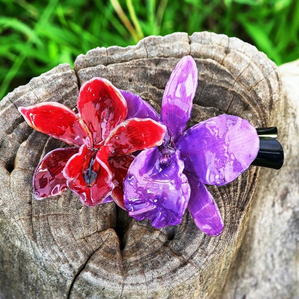 Resin-Coated Red and Purple Natural Cattleya Bloom Hair Clip 'Oneiric Cattleya'