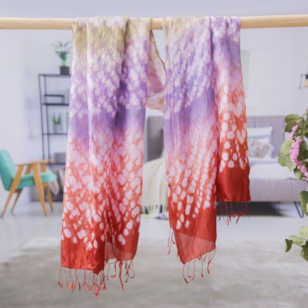 Tie-Dyed Red Purple Green Batik Rayon and Silk Blend Scarf 'Vibrant Fusion'