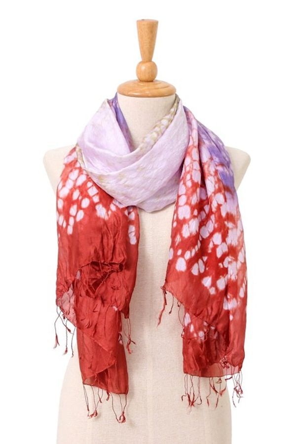 Alternate image for Tie-Dyed Red Purple Green Batik Rayon and Silk Blend Scarf Vibrant Fusion