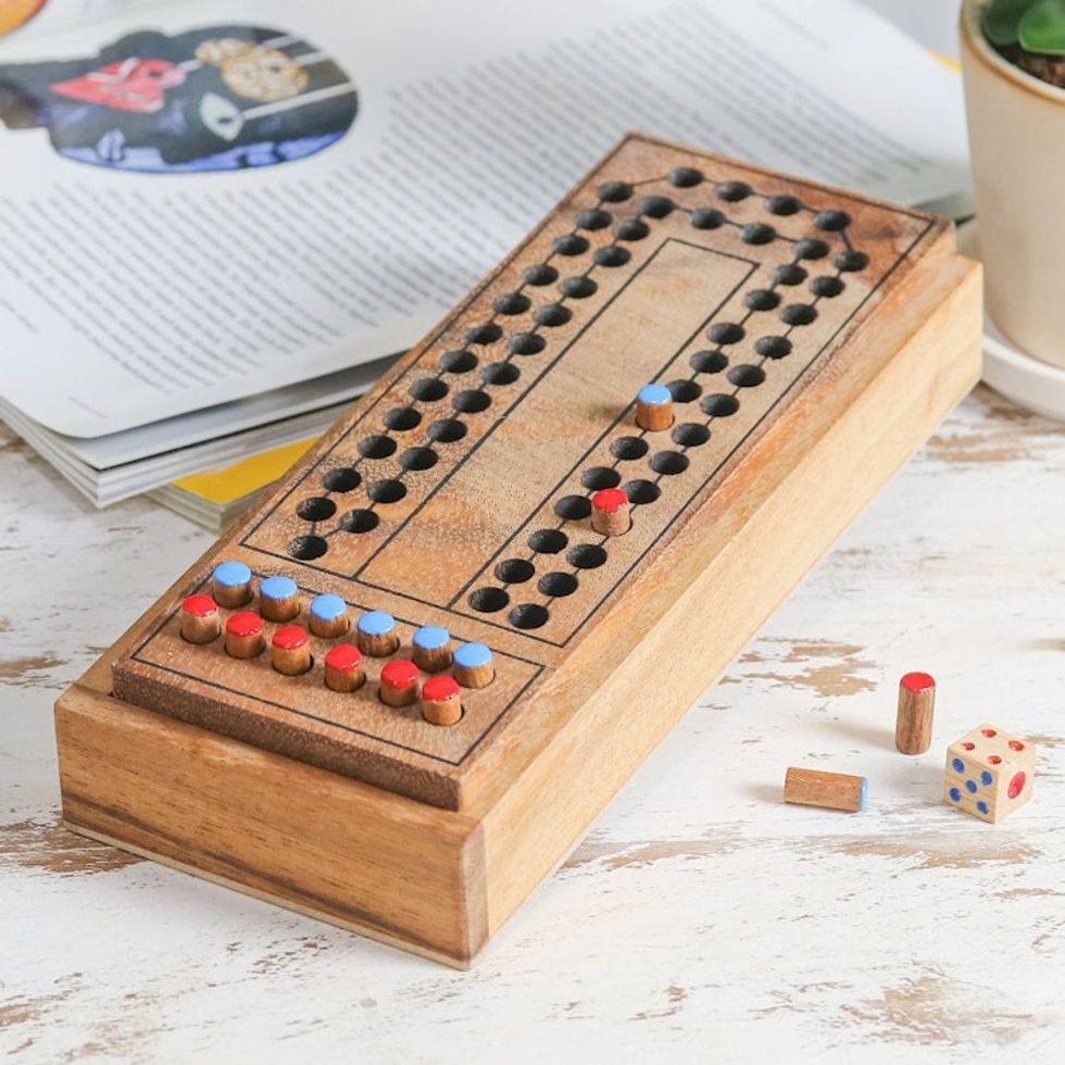 Handcrafted Raintree Wood Board Game from Thailand 'Race Around the Track'